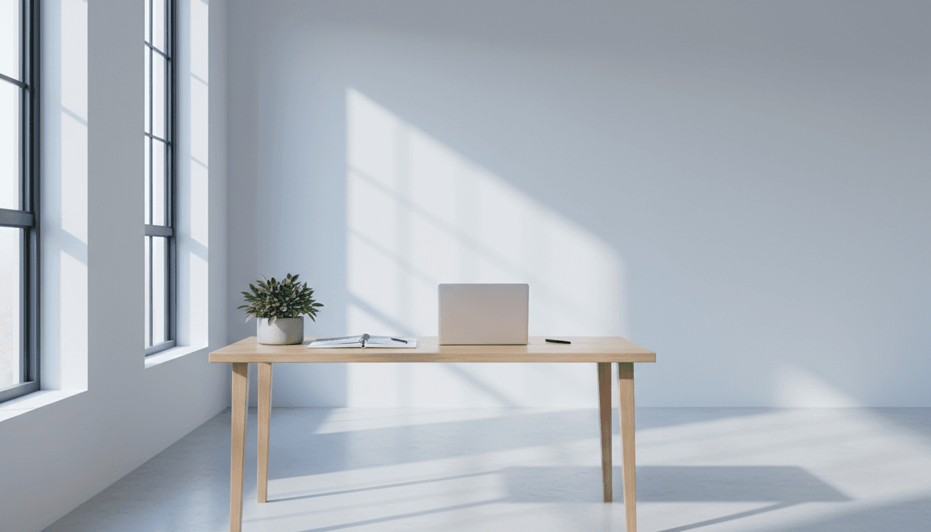 Minimalist workspace with laptop and notebook in soft natural light
